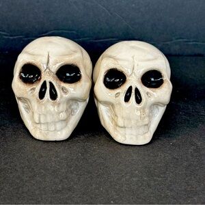 Skull Halloween Salt and Pepper Shakers Stone and Black Ceramic 2.25” Tall